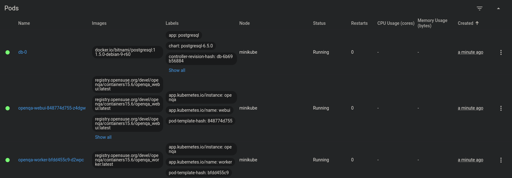 Minikube Dashboard, Pods